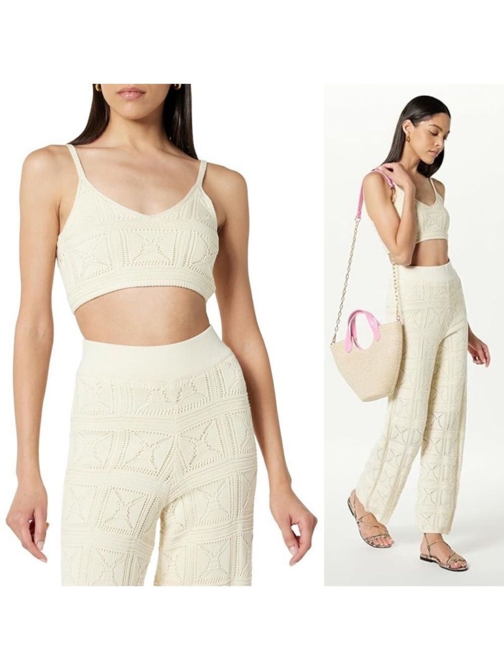 The Drop Crochet Knit Bralette Top and Pants Set. Size Small